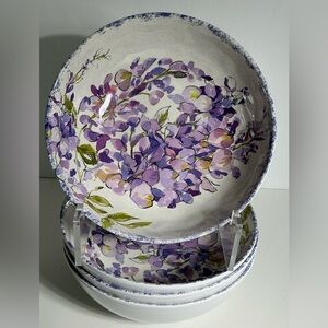 4 Farmhouse Cereal Salad Dessert Melamine Bowls Purple Flowers Floral New